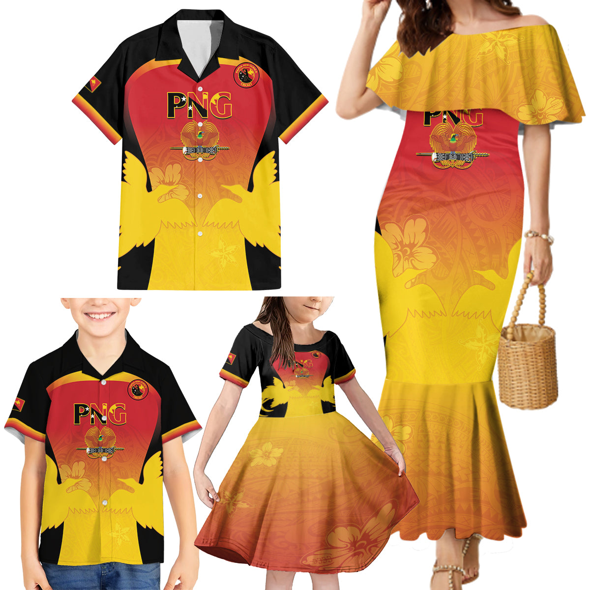 Custom Papua New Guinea Cricket Family Matching Mermaid Dress and Hawaiian Shirt 2024 Go PNG LT14 - Polynesian Pride