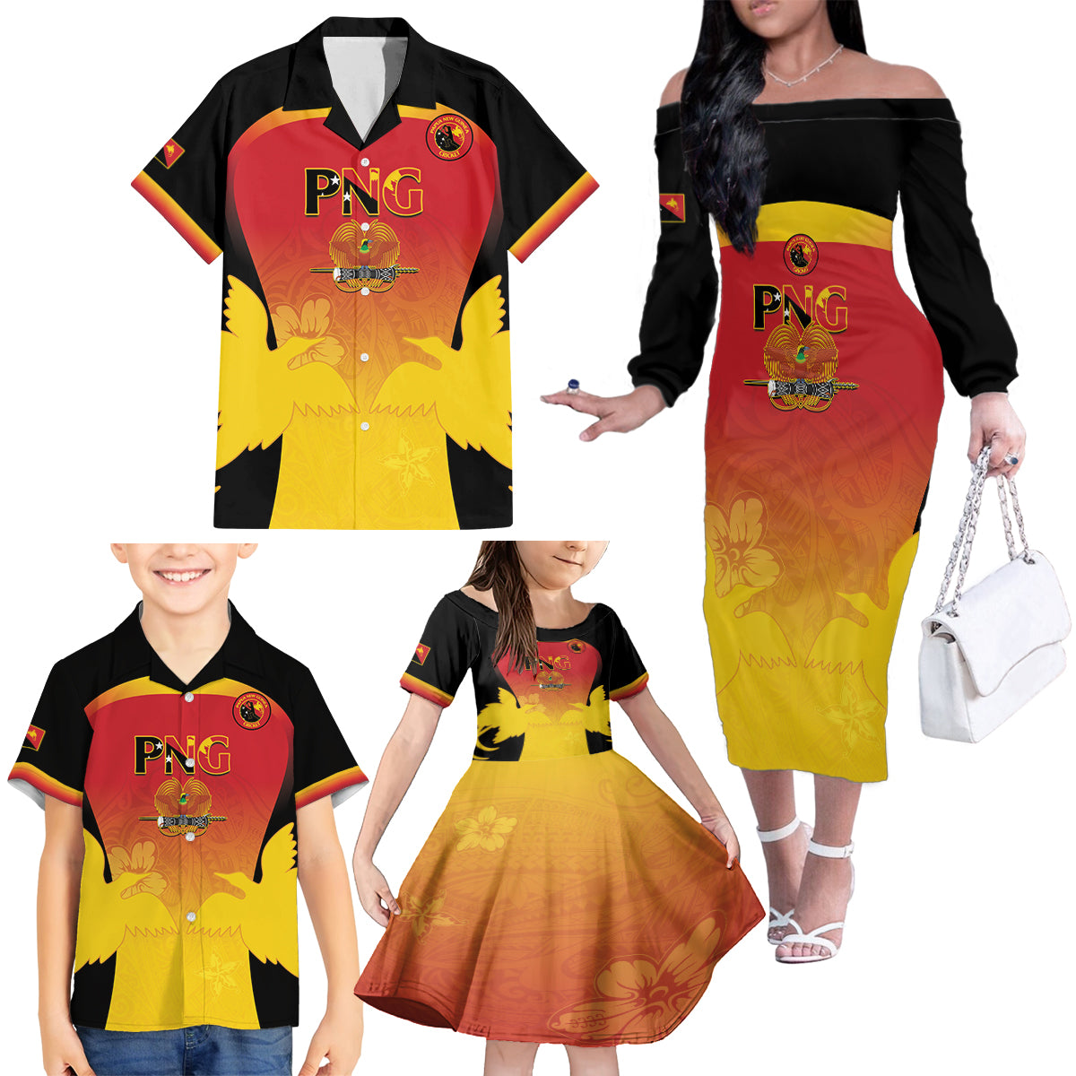 Custom Papua New Guinea Cricket Family Matching Off The Shoulder Long Sleeve Dress and Hawaiian Shirt 2024 Go PNG LT14 - Polynesian Pride