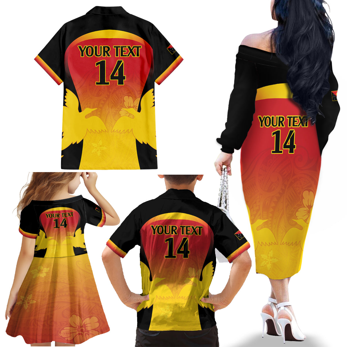 Custom Papua New Guinea Cricket Family Matching Off The Shoulder Long Sleeve Dress and Hawaiian Shirt 2024 Go PNG LT14 - Polynesian Pride