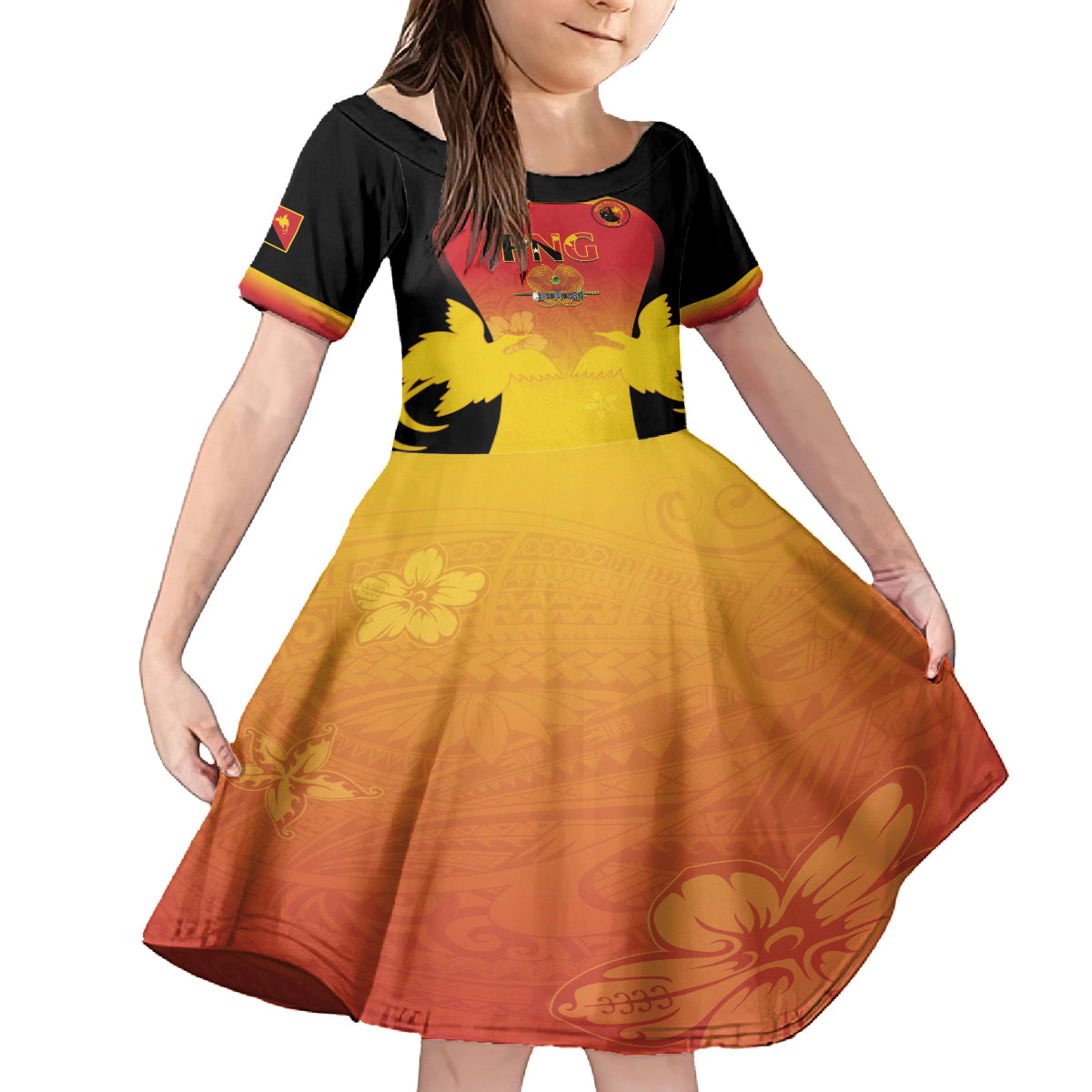 Custom Papua New Guinea Cricket Family Matching Off Shoulder Maxi Dress and Hawaiian Shirt 2024 Go PNG LT14 Daughter's Dress Black - Polynesian Pride