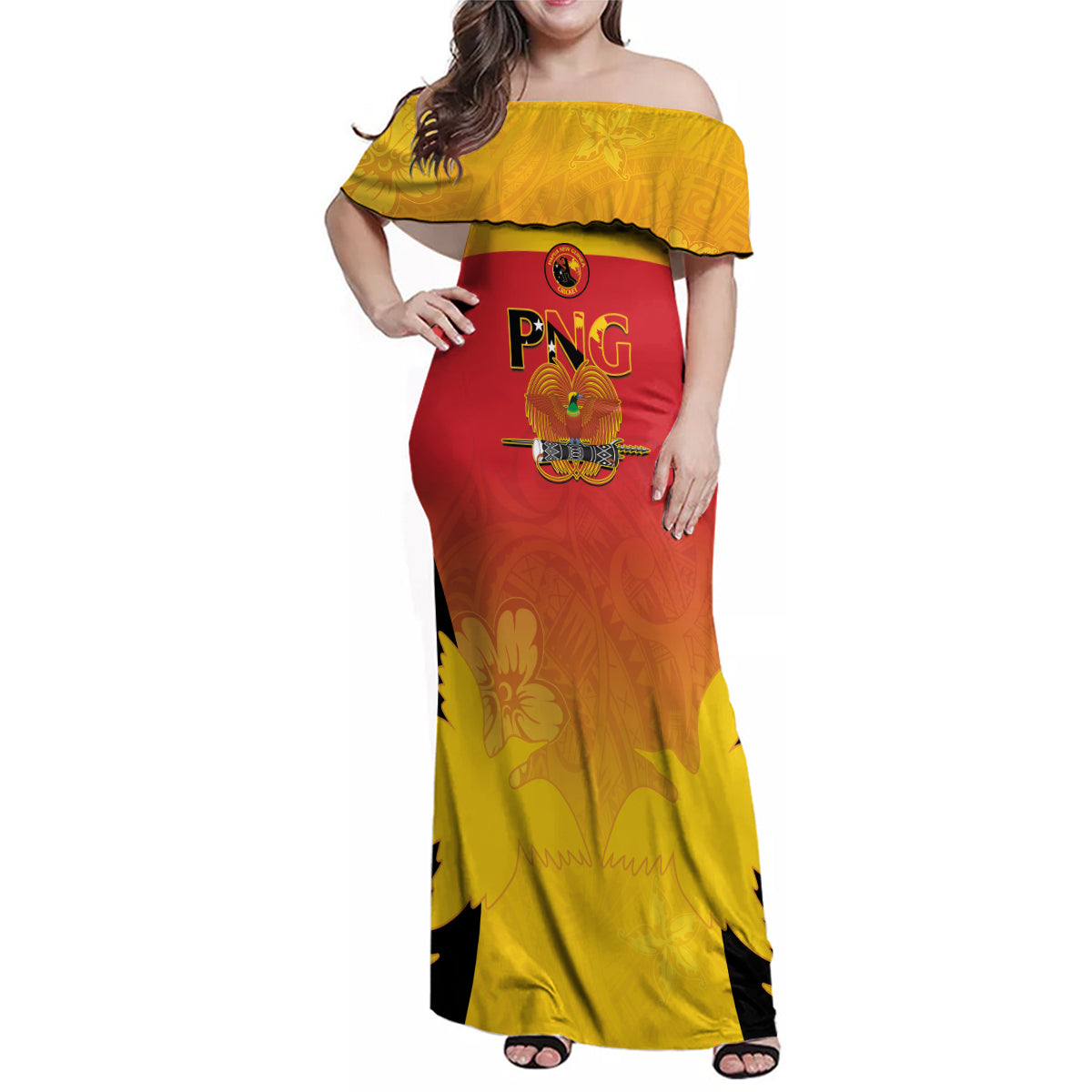 Custom Papua New Guinea Cricket Family Matching Off Shoulder Maxi Dress and Hawaiian Shirt 2024 Go PNG LT14 Mom's Dress Black - Polynesian Pride