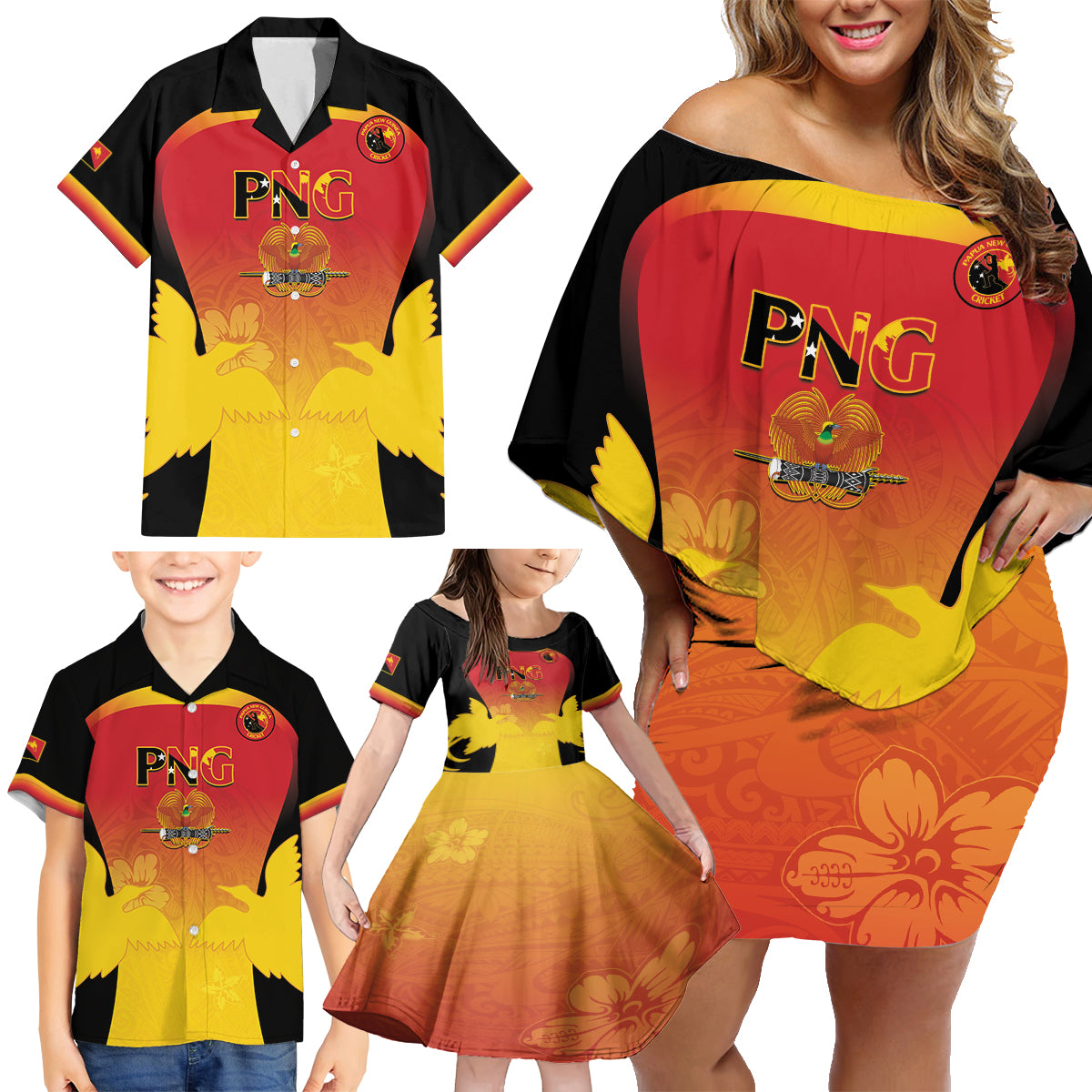 Custom Papua New Guinea Cricket Family Matching Off Shoulder Short Dress and Hawaiian Shirt 2024 Go PNG LT14 - Polynesian Pride