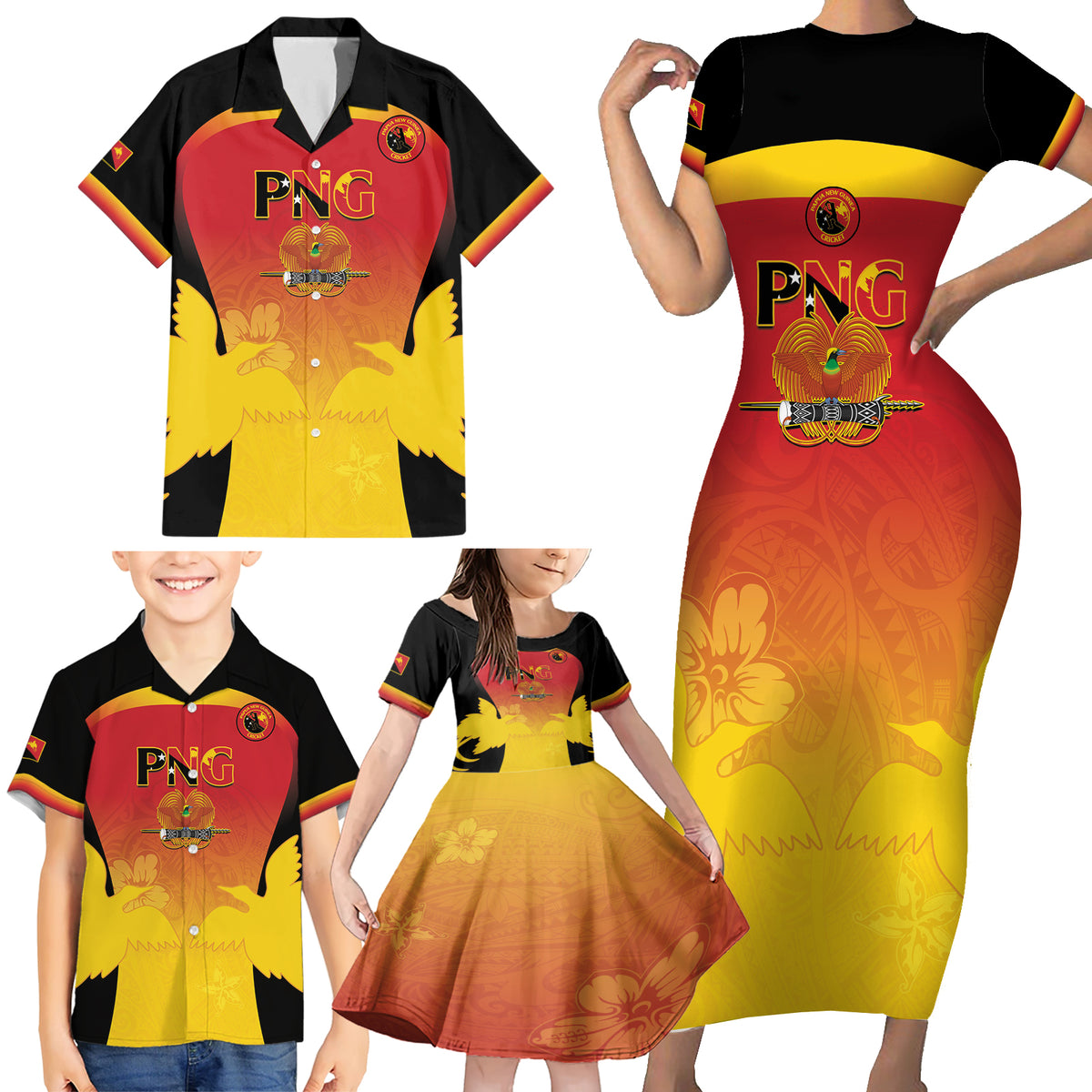 Custom Papua New Guinea Cricket Family Matching Short Sleeve Bodycon Dress and Hawaiian Shirt 2024 Go PNG LT14 - Polynesian Pride