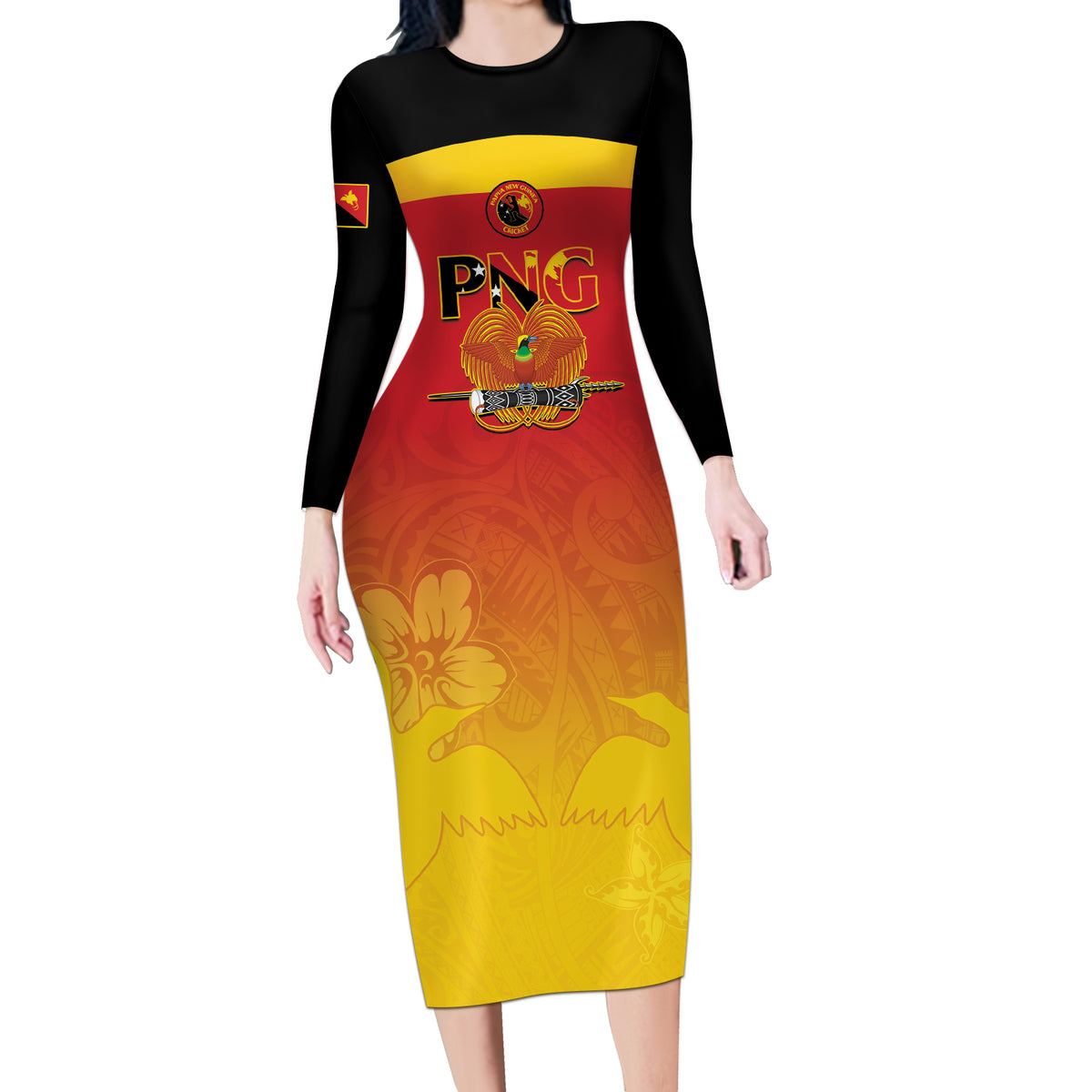 Custom Papua New Guinea Cricket Long Sleeve Bodycon Dress 2024 Go PNG LT14 Long Dress Black - Polynesian Pride