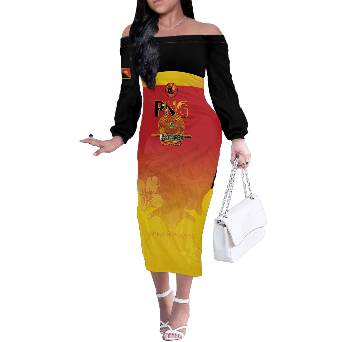 Custom Papua New Guinea Cricket Off The Shoulder Long Sleeve Dress 2024 Go PNG LT14 Women Black - Polynesian Pride