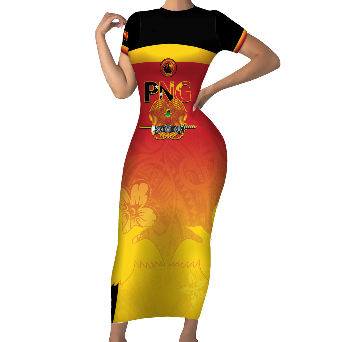 Custom Papua New Guinea Cricket Short Sleeve Bodycon Dress 2024 Go PNG LT14 Long Dress Black - Polynesian Pride