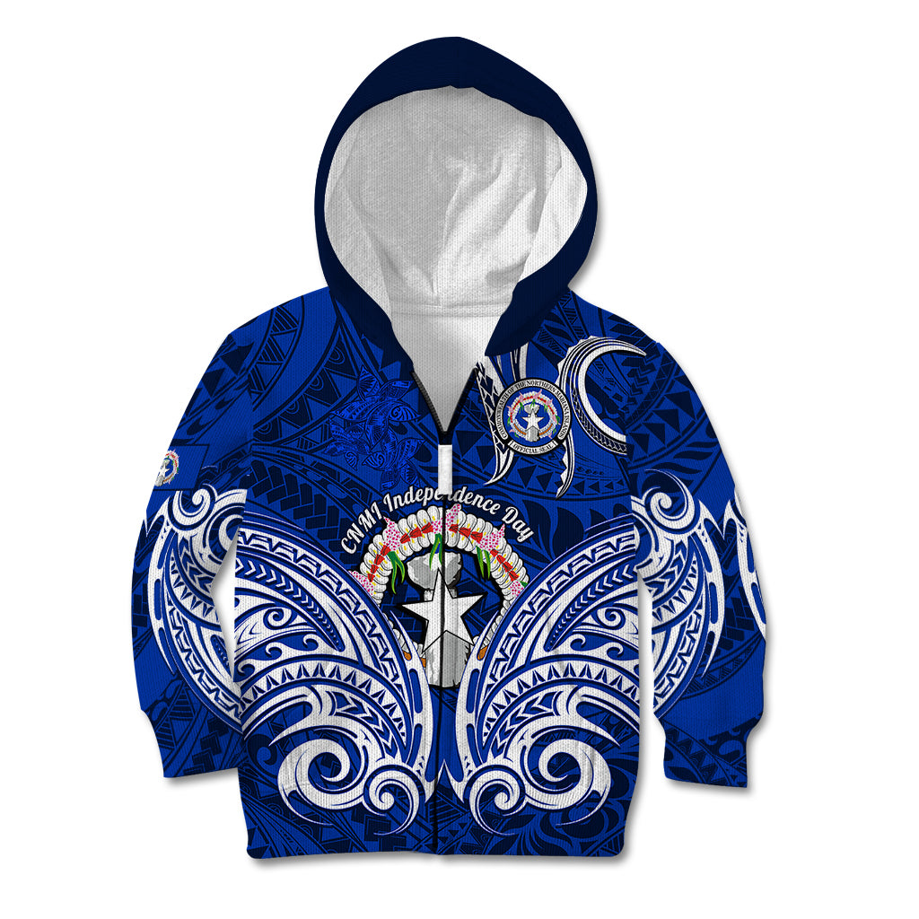 Personalised Independence Day CNMI Kid Hoodie Northern Mariana Islands Tribal Tattoo Pattern LT14 Zip Hoodie Blue - Polynesian Pride
