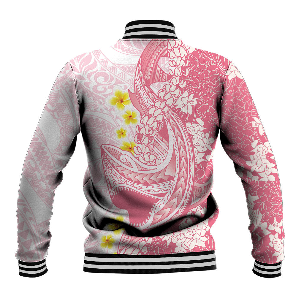 Pink Hawaii Shark Tattoo Baseball Jacket Puakenikeni Lei Plumeria Polynesian Pattern