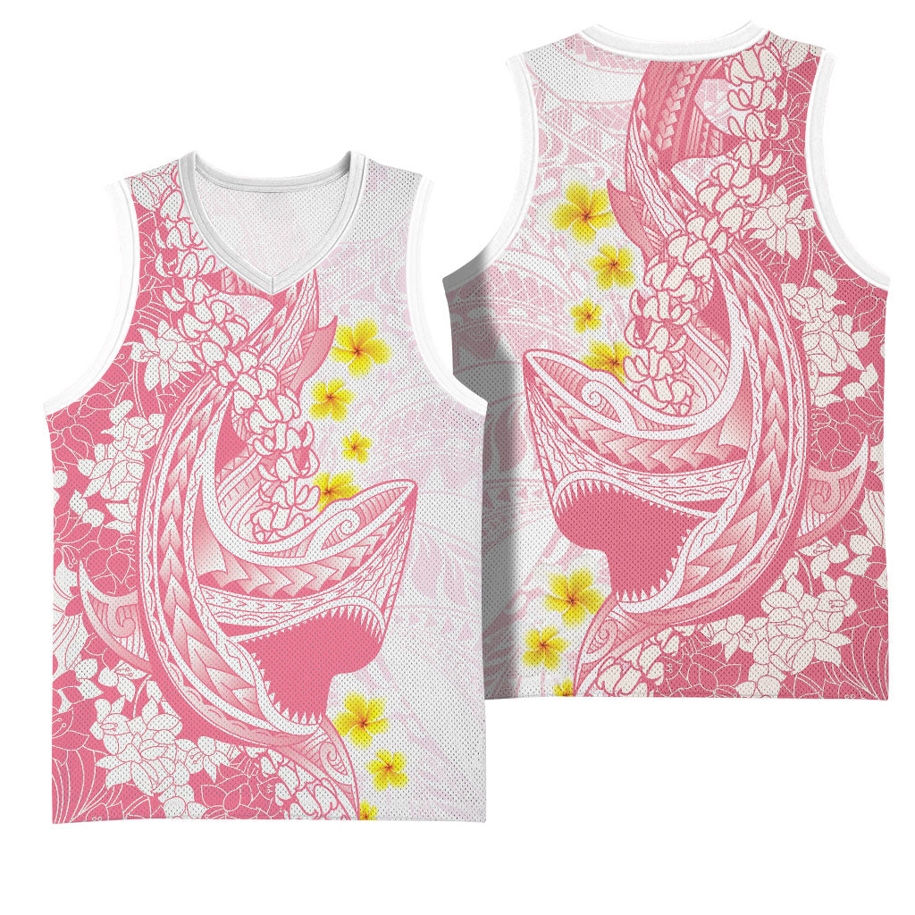 Pink Hawaii Shark Tattoo Basketball Jersey Puakenikeni Lei Plumeria Polynesian Pattern