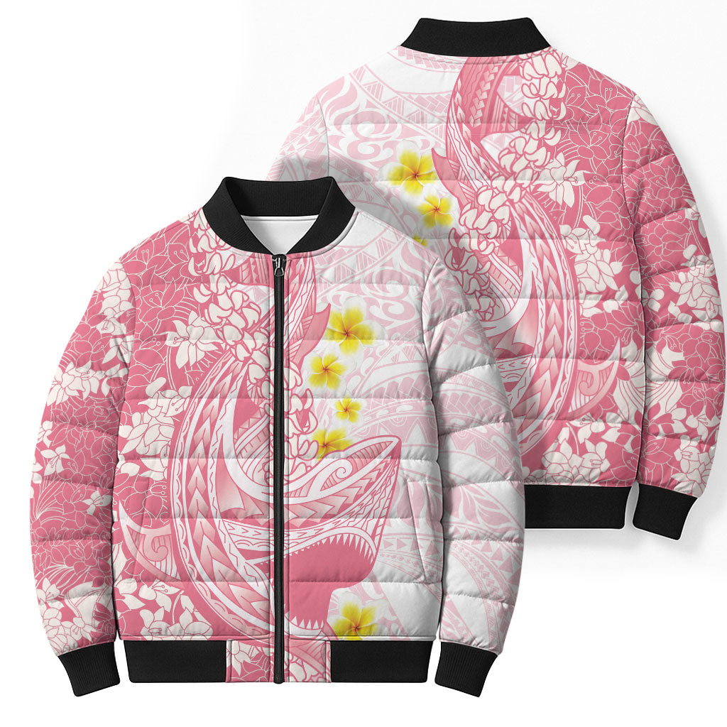 Pink Hawaii Shark Tattoo Bomber Puffer Jacket Puakenikeni Lei Plumeria Polynesian Pattern