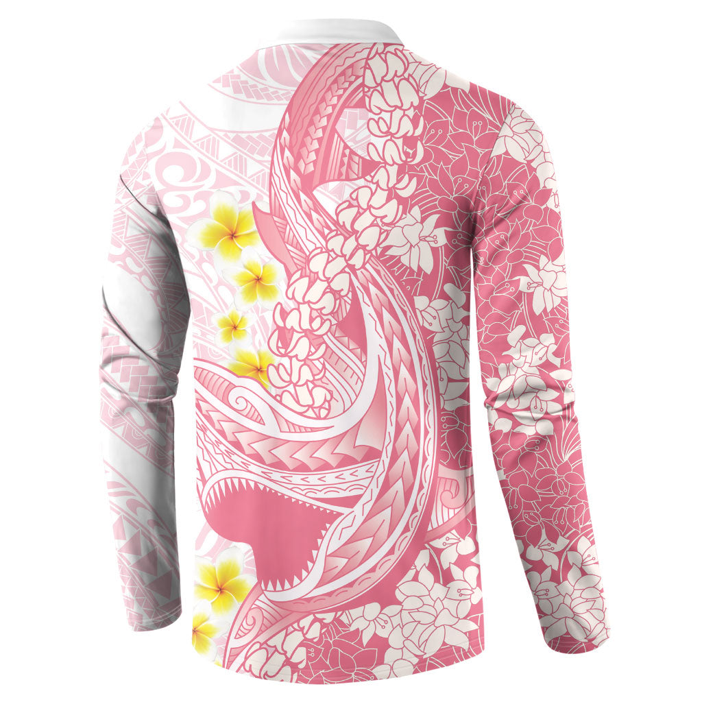 Pink Hawaii Shark Tattoo Button Sweatshirt Puakenikeni Lei Plumeria Polynesian Pattern
