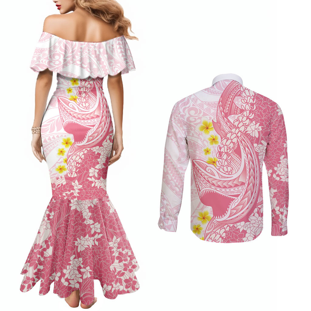 Pink Hawaii Shark Tattoo Couples Matching Mermaid Dress and Long Sleeve Button Shirt Puakenikeni Lei Plumeria Polynesian Pattern LT14 - Polynesian Pride