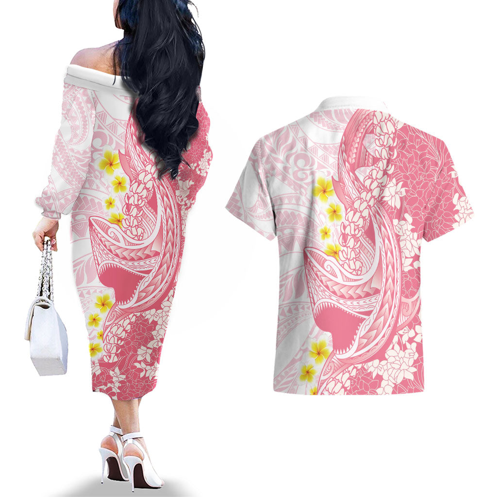 Pink Hawaii Shark Tattoo Couples Matching Off The Shoulder Long Sleeve Dress and Hawaiian Shirt Puakenikeni Lei Plumeria Polynesian Pattern LT14 - Polynesian Pride