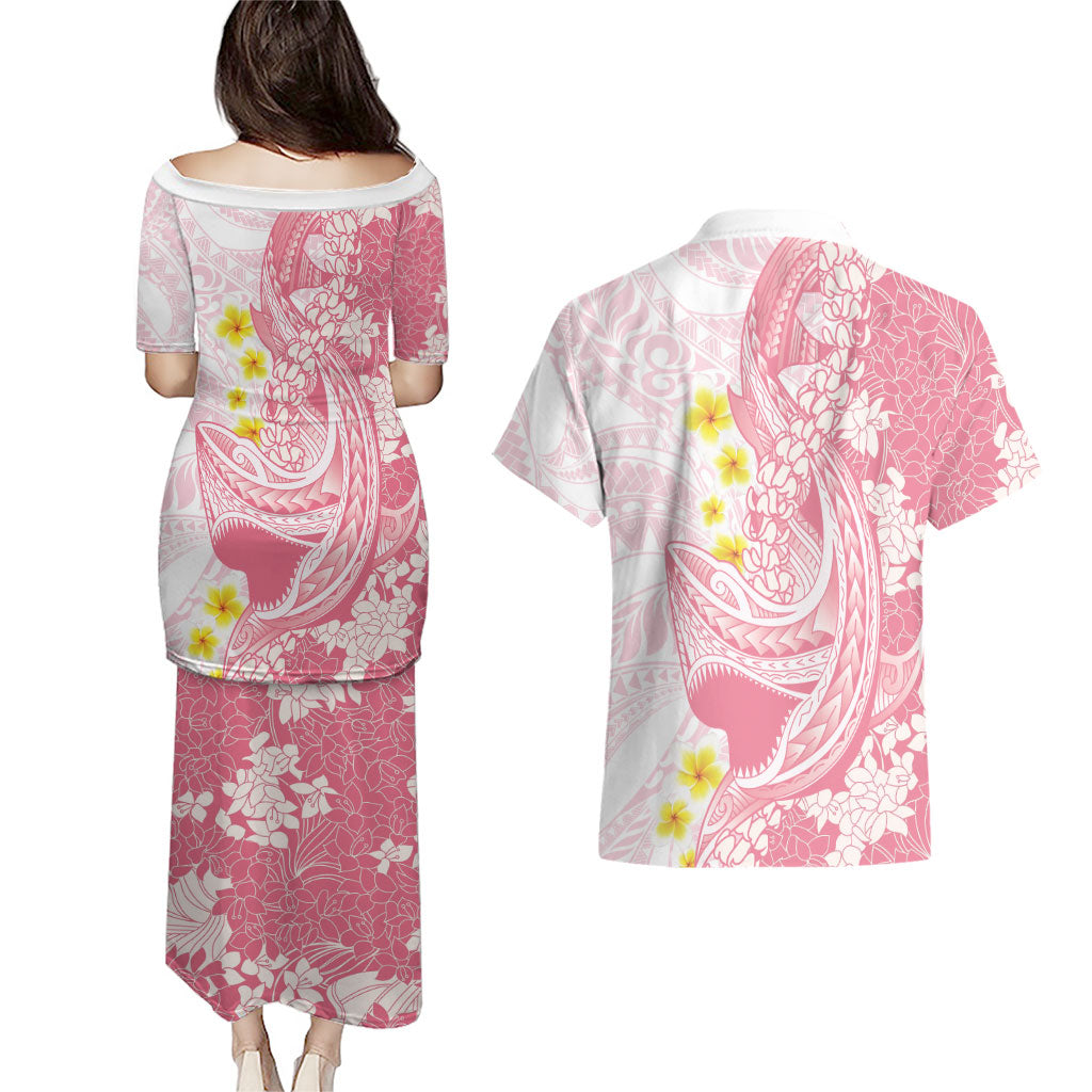Pink Hawaii Shark Tattoo Couples Matching Puletasi and Hawaiian Shirt Puakenikeni Lei Plumeria Polynesian Pattern LT14 - Polynesian Pride