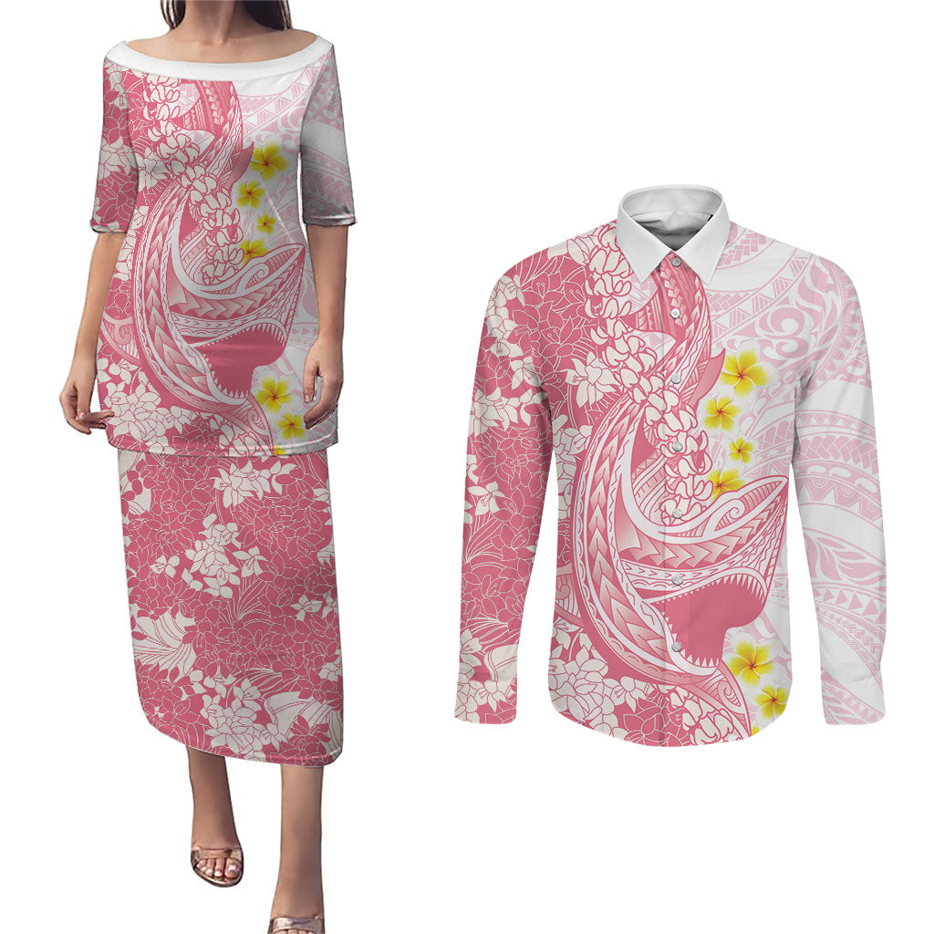 Pink Hawaii Shark Tattoo Couples Matching Puletasi and Long Sleeve Button Shirt Puakenikeni Lei Plumeria Polynesian Pattern LT14 Pink - Polynesian Pride