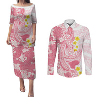 Pink Hawaii Shark Tattoo Couples Matching Puletasi and Long Sleeve Button Shirt Puakenikeni Lei Plumeria Polynesian Pattern LT14 Pink - Polynesian Pride