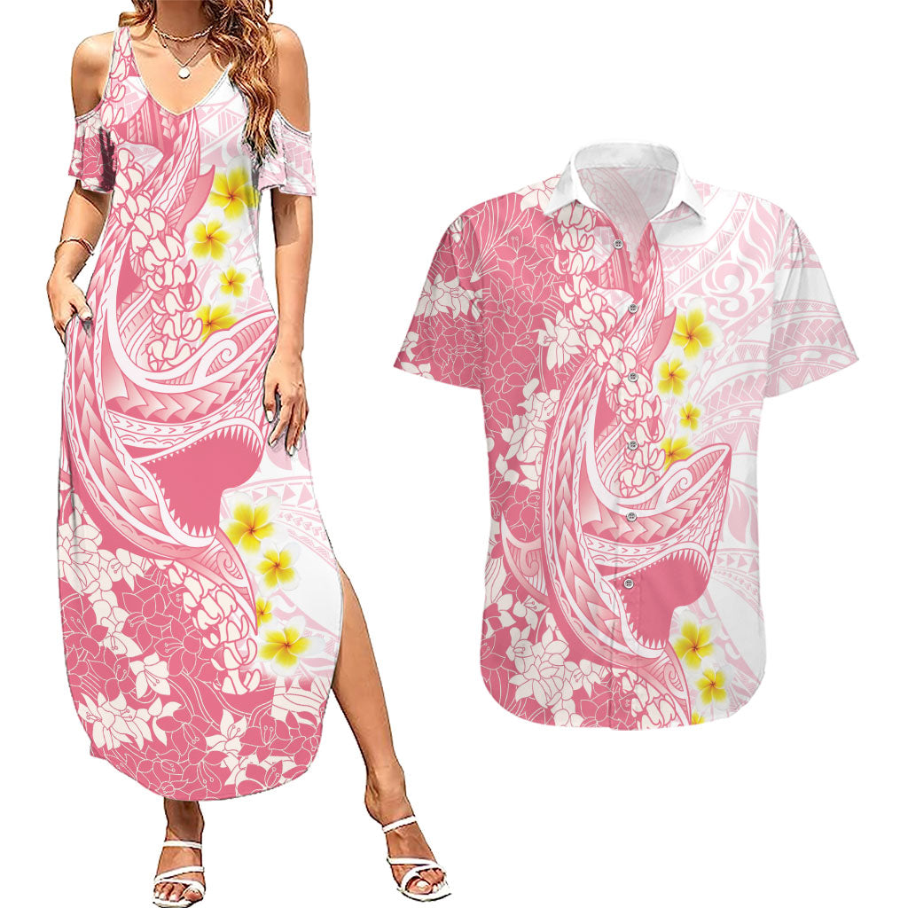 Pink Hawaii Shark Tattoo Couples Matching Summer Maxi Dress and Hawaiian Shirt Puakenikeni Lei Plumeria Polynesian Pattern