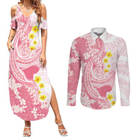 Pink Hawaii Shark Tattoo Couples Matching Summer Maxi Dress and Long Sleeve Button Shirt Puakenikeni Lei Plumeria Polynesian Pattern LT14 Pink - Polynesian Pride