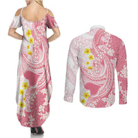 Pink Hawaii Shark Tattoo Couples Matching Summer Maxi Dress and Long Sleeve Button Shirt Puakenikeni Lei Plumeria Polynesian Pattern LT14 - Polynesian Pride