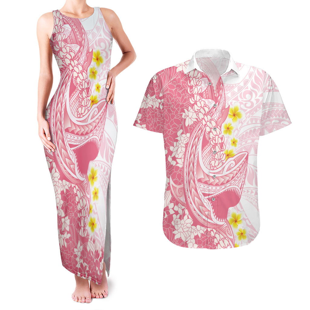 Pink Hawaii Shark Tattoo Couples Matching Tank Maxi Dress and Hawaiian Shirt Puakenikeni Lei Plumeria Polynesian Pattern LT14 Pink - Polynesian Pride