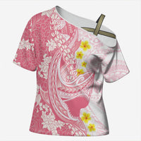 Pink Hawaii Shark Tattoo Cross Shoulder Shirt Puakenikeni Lei Plumeria Polynesian Pattern