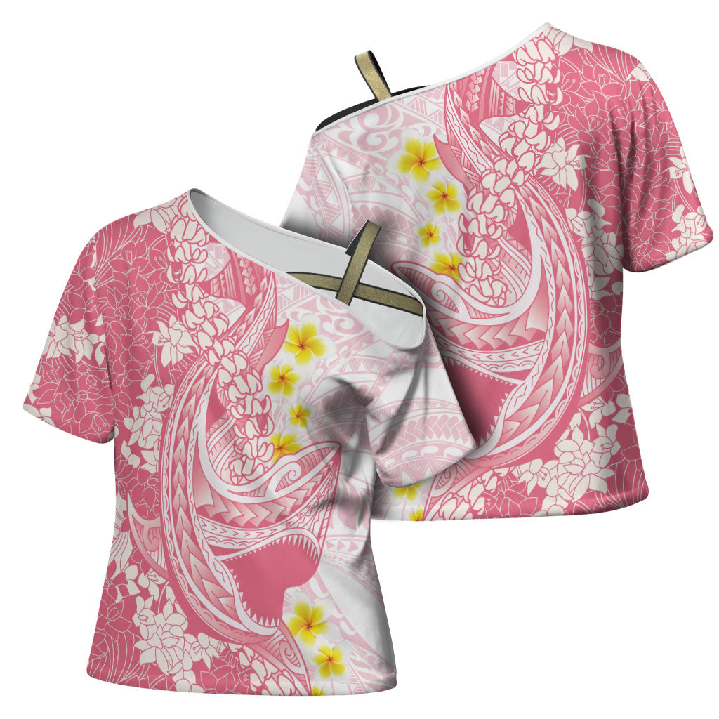 Pink Hawaii Shark Tattoo Cross Shoulder Shirt Puakenikeni Lei Plumeria Polynesian Pattern