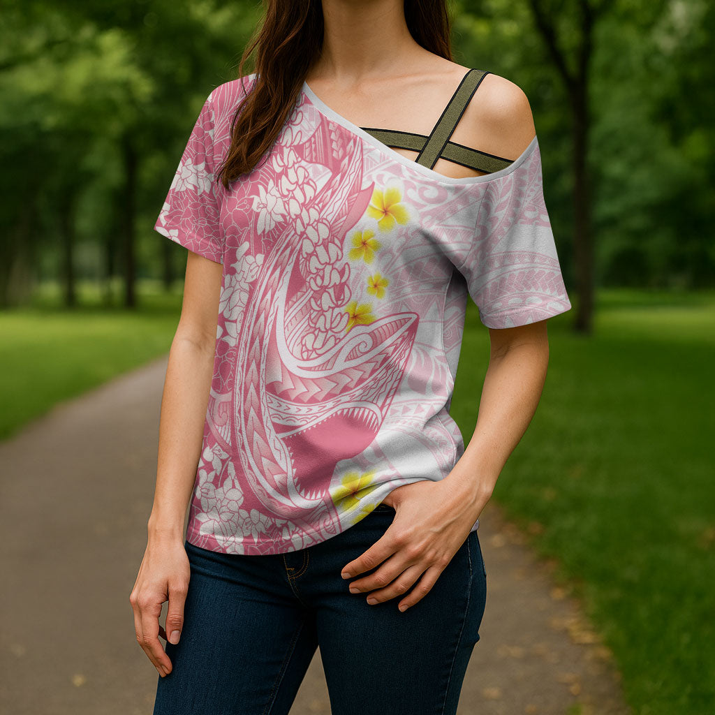 Pink Hawaii Shark Tattoo Cross Shoulder Shirt Puakenikeni Lei Plumeria Polynesian Pattern