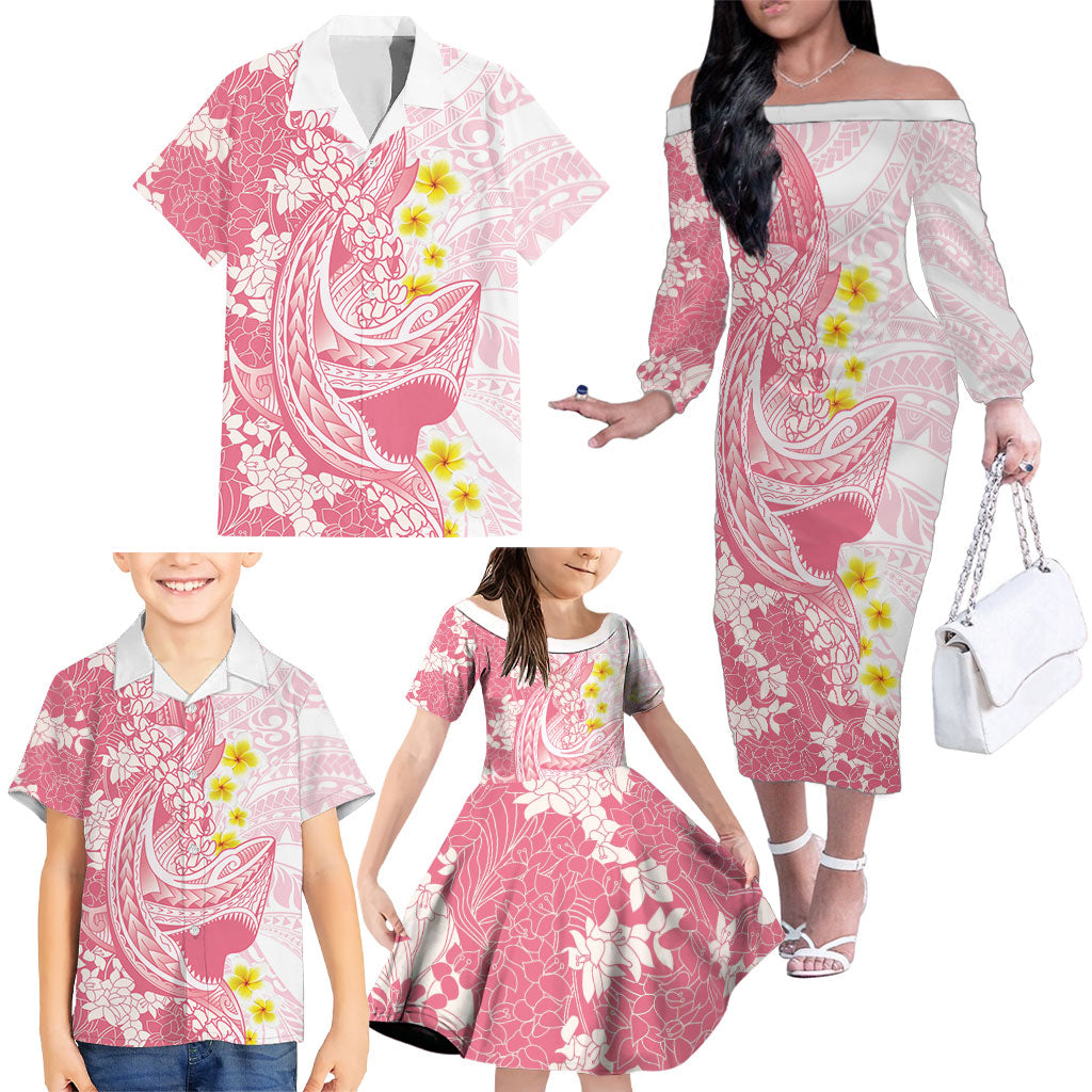 Pink Hawaii Shark Tattoo Family Matching Off The Shoulder Long Sleeve Dress and Hawaiian Shirt Puakenikeni Lei Plumeria Polynesian Pattern LT14 - Polynesian Pride