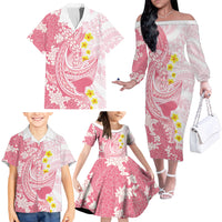 Pink Hawaii Shark Tattoo Family Matching Off The Shoulder Long Sleeve Dress and Hawaiian Shirt Puakenikeni Lei Plumeria Polynesian Pattern LT14 - Polynesian Pride