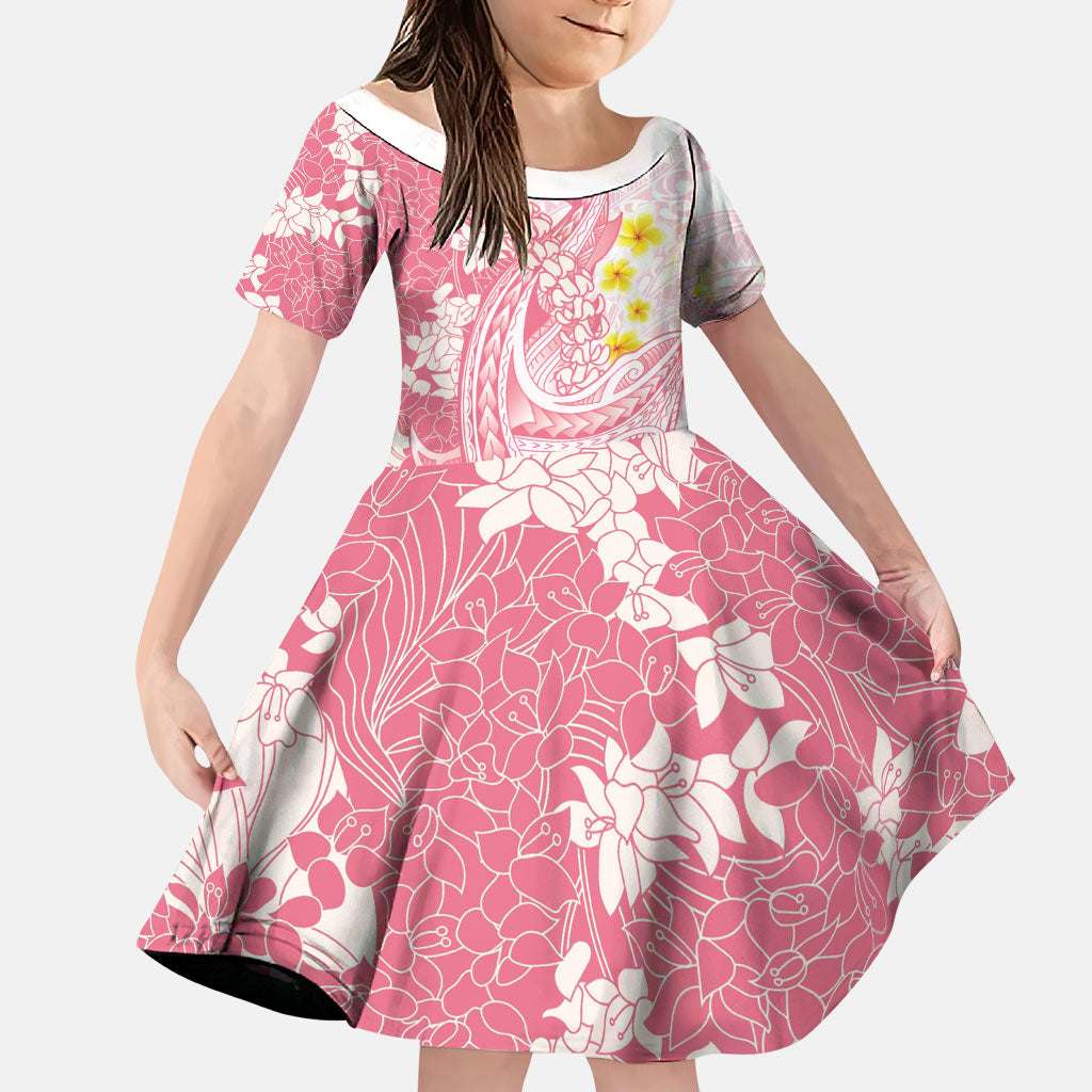 Pink Hawaii Shark Tattoo Family Matching Off Shoulder Maxi Dress and Hawaiian Shirt Puakenikeni Lei Plumeria Polynesian Pattern LT14 Daughter's Dress Pink - Polynesian Pride