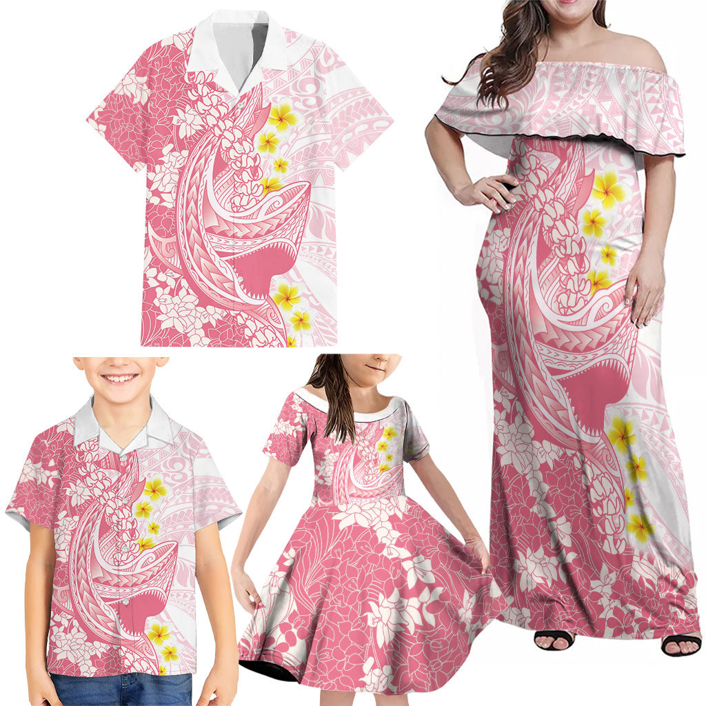 Pink Hawaii Shark Tattoo Family Matching Off Shoulder Maxi Dress and Hawaiian Shirt Puakenikeni Lei Plumeria Polynesian Pattern LT14 - Polynesian Pride