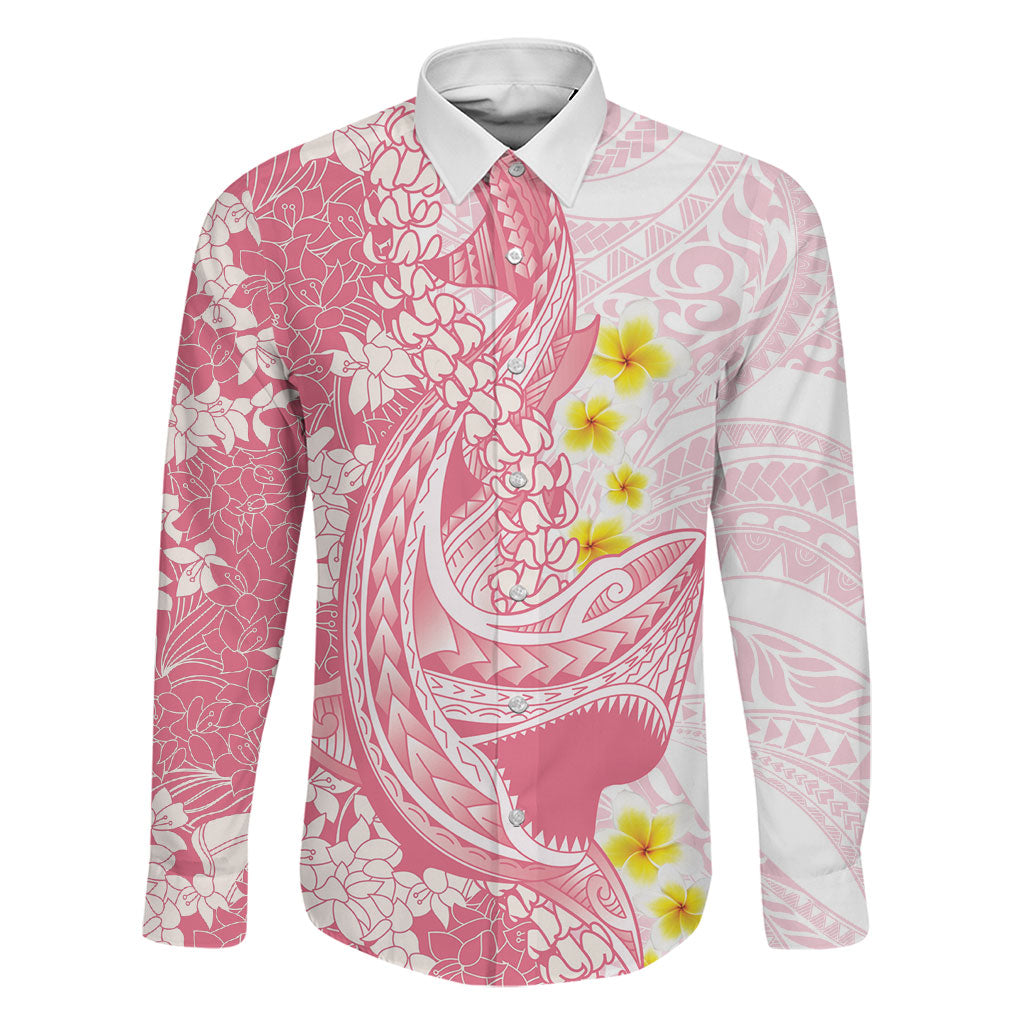 Pink Hawaii Shark Tattoo Family Matching Off Shoulder Short Dress and Hawaiian Shirt Puakenikeni Lei Plumeria Polynesian Pattern LT14 Dad's Shirt - Long Sleeve Pink - Polynesian Pride