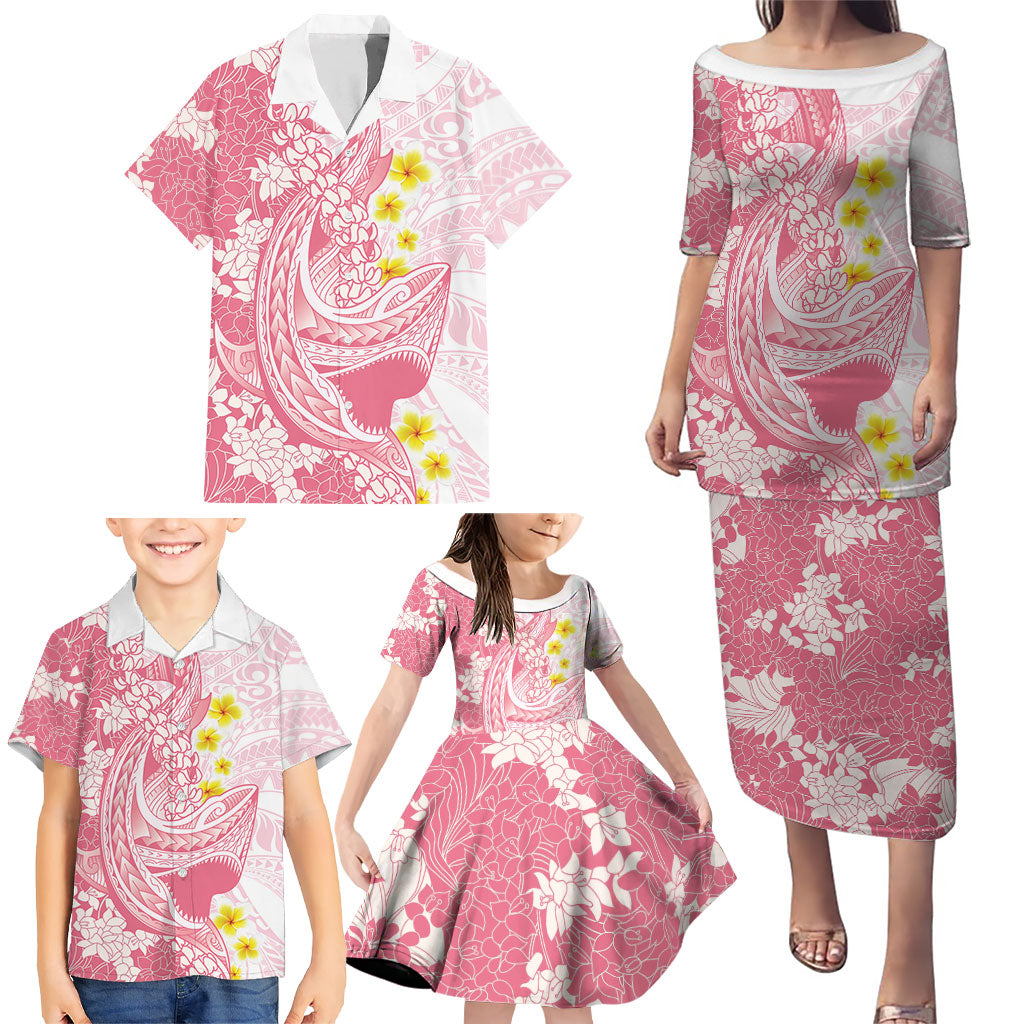 Pink Hawaii Shark Tattoo Family Matching Puletasi and Hawaiian Shirt Puakenikeni Lei Plumeria Polynesian Pattern LT14 - Polynesian Pride