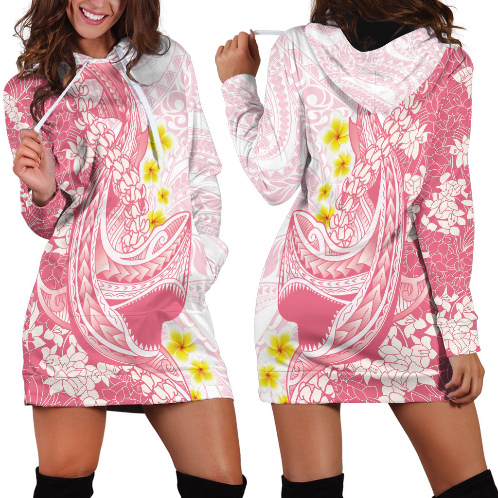 Pink Hawaii Shark Tattoo Hoodie Dress Puakenikeni Lei Plumeria Polynesian Pattern LT14 - Polynesian Pride