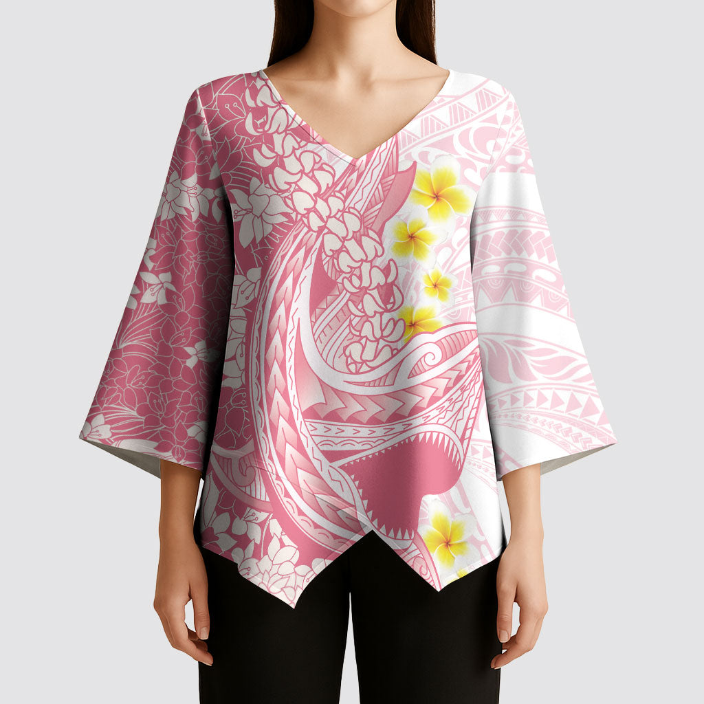 Pink Hawaii Shark Tattoo Kimono Sleeve Blouse Puakenikeni Lei Plumeria Polynesian Pattern