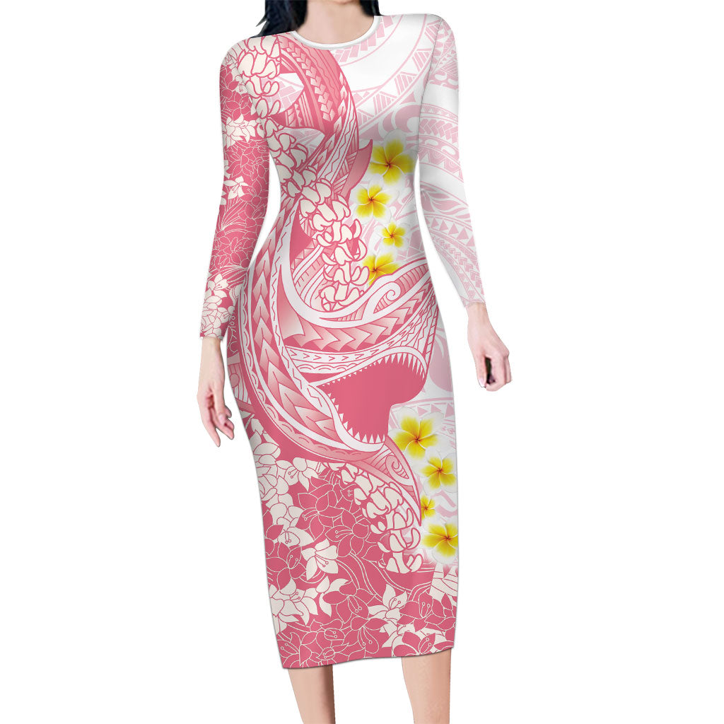 Pink Hawaii Shark Tattoo Long Sleeve Bodycon Dress Puakenikeni Lei Plumeria Polynesian Pattern LT14 Long Dress Pink - Polynesian Pride