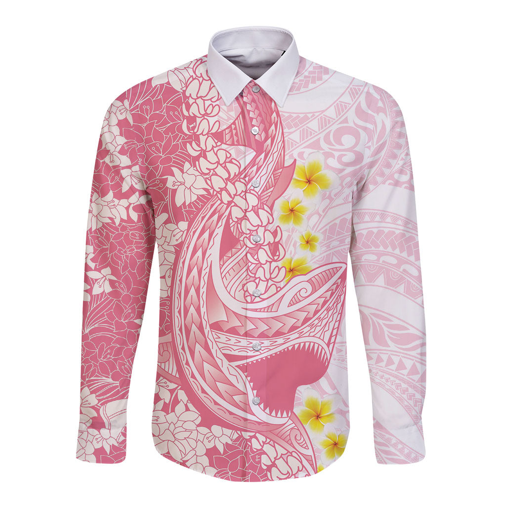Pink Hawaii Shark Tattoo Long Sleeve Button Shirt Puakenikeni Lei Plumeria Polynesian Pattern LT14 Unisex Pink - Polynesian Pride