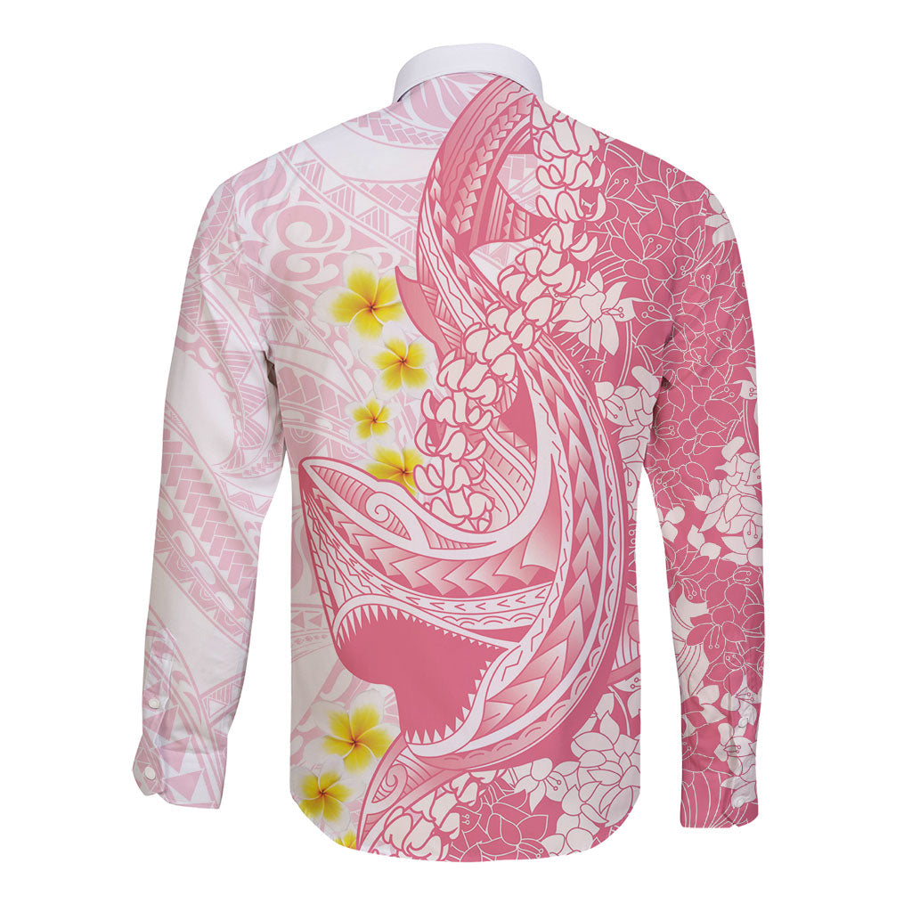 Pink Hawaii Shark Tattoo Long Sleeve Button Shirt Puakenikeni Lei Plumeria Polynesian Pattern LT14 - Polynesian Pride
