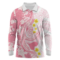 Pink Hawaii Shark Tattoo Long Sleeve Polo Shirt Puakenikeni Lei Plumeria Polynesian Pattern