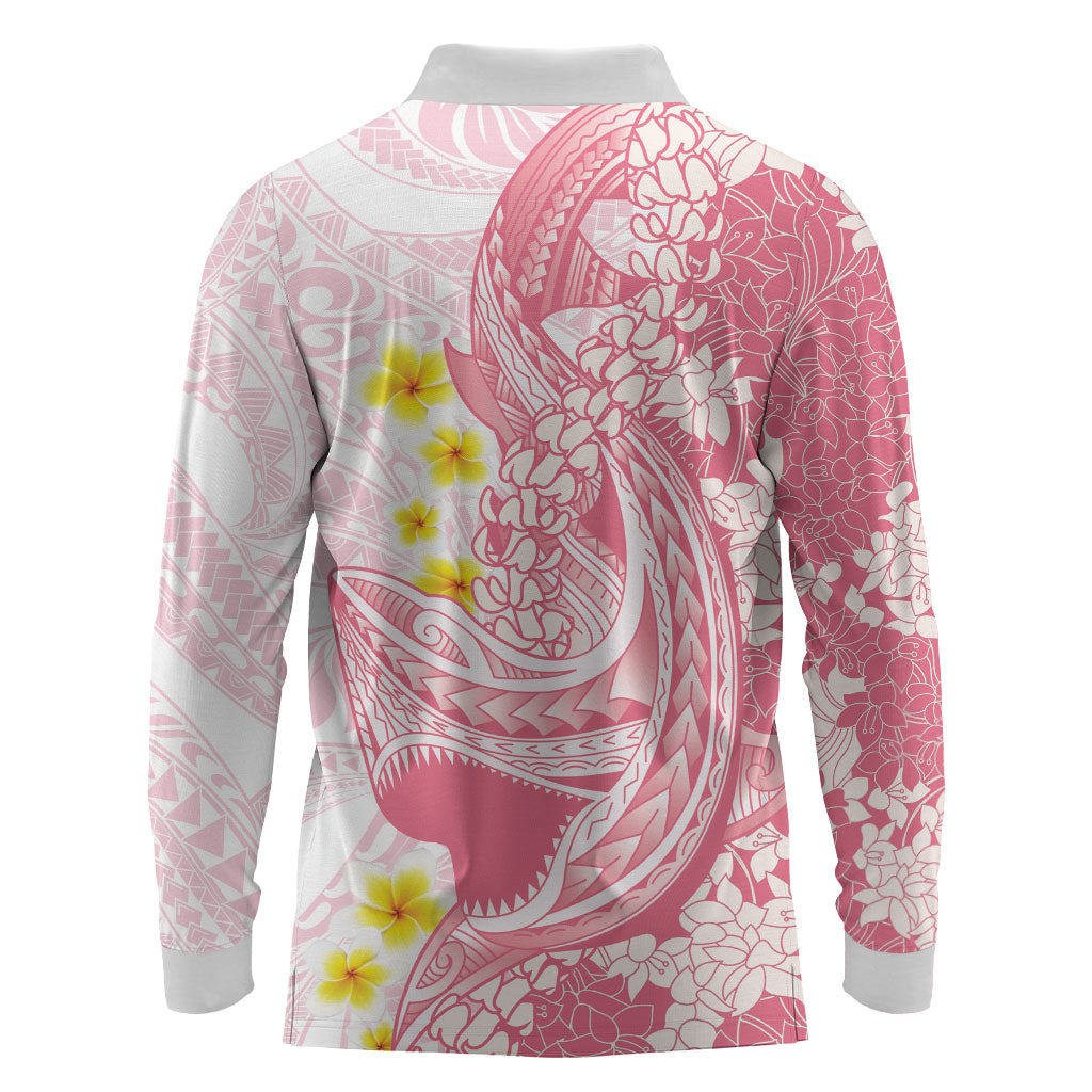 Pink Hawaii Shark Tattoo Long Sleeve Polo Shirt Puakenikeni Lei Plumeria Polynesian Pattern