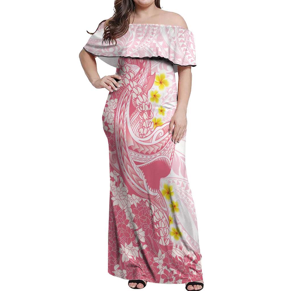 Pink Hawaii Shark Tattoo Off Shoulder Maxi Dress Puakenikeni Lei Plumeria Polynesian Pattern
