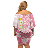 Pink Hawaii Shark Tattoo Off Shoulder Short Dress Puakenikeni Lei Plumeria Polynesian Pattern