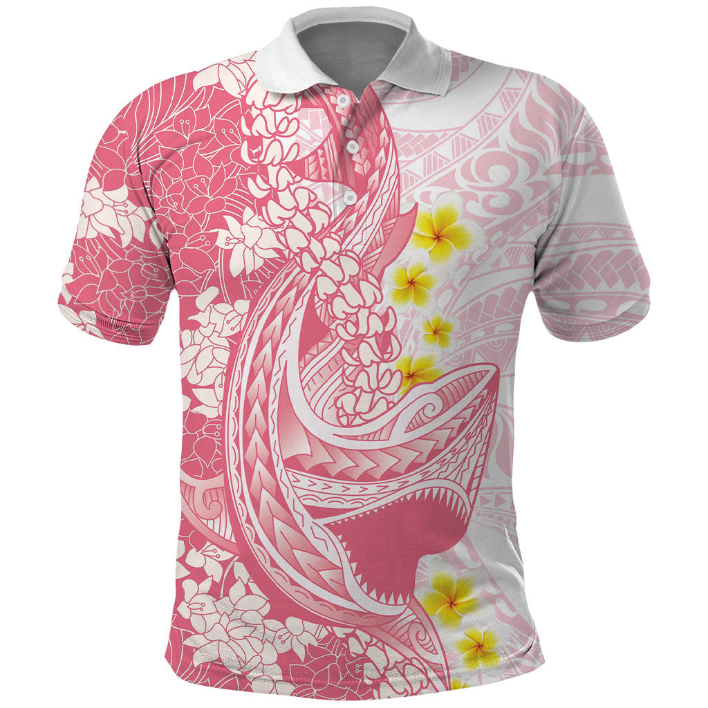 Pink Hawaii Shark Tattoo Polo Shirt Puakenikeni Lei Plumeria Polynesian Pattern