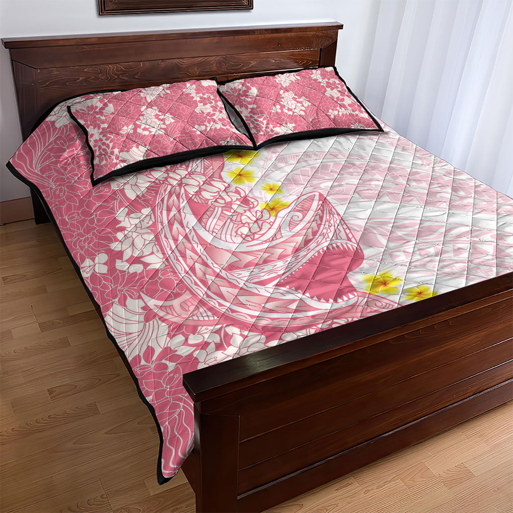 Pink Hawaii Shark Tattoo Quilt Bed Set Puakenikeni Lei Plumeria Polynesian Pattern