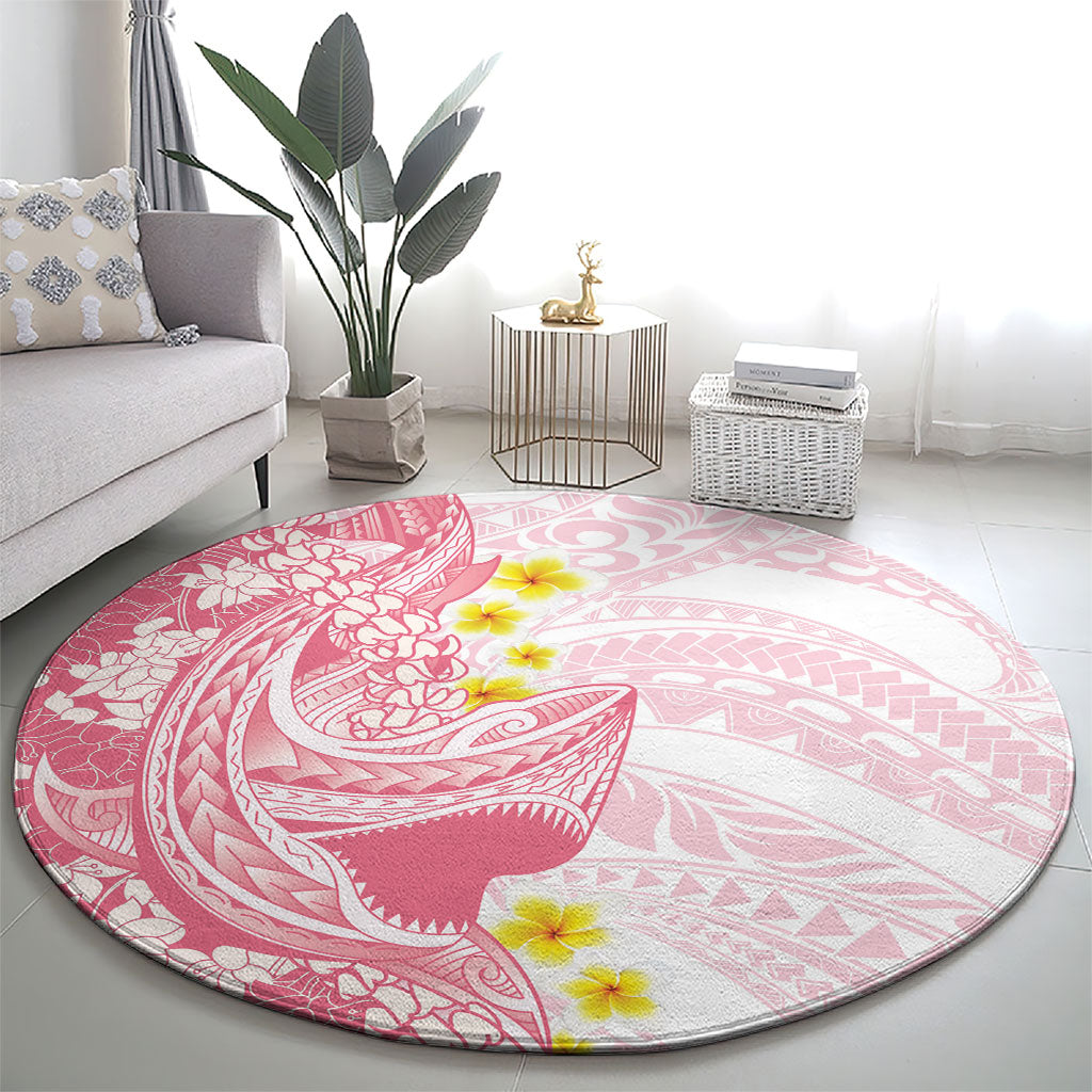 Pink Hawaii Shark Tattoo Round Carpet Puakenikeni Lei Plumeria Polynesian Pattern