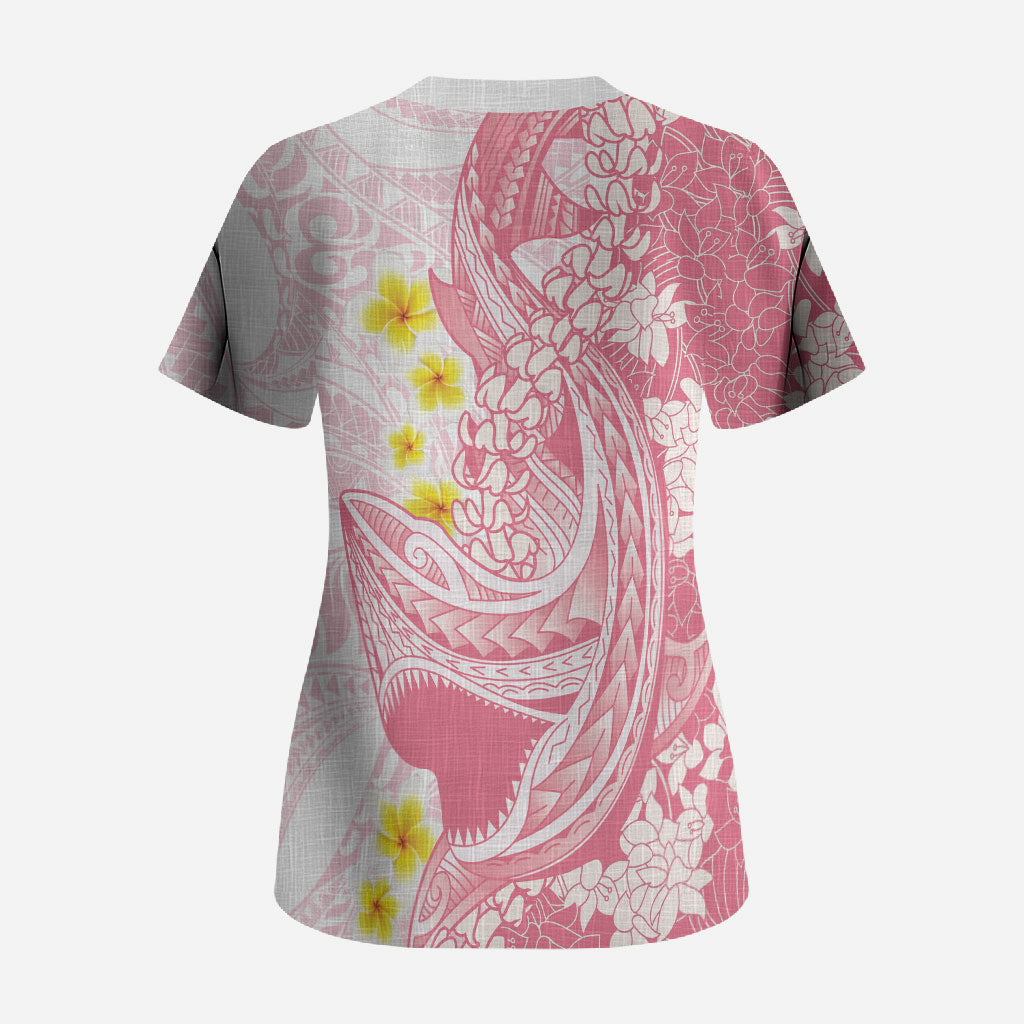 Pink Hawaii Shark Tattoo Scrub Top Puakenikeni Lei Plumeria Polynesian Pattern