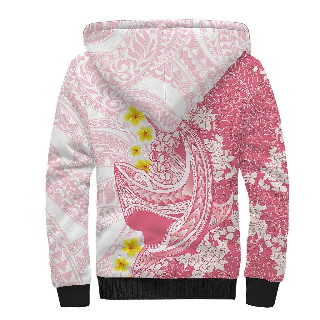 Pink Hawaii Shark Tattoo Sherpa Hoodie Puakenikeni Lei Plumeria Polynesian Pattern