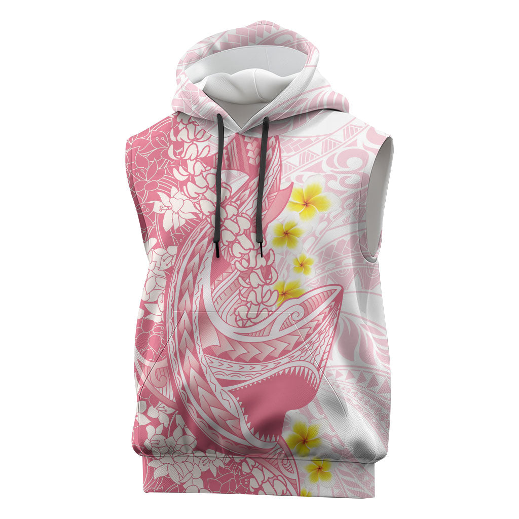 Pink Hawaii Shark Tattoo Sleeveless Hoodie Puakenikeni Lei Plumeria Polynesian Pattern