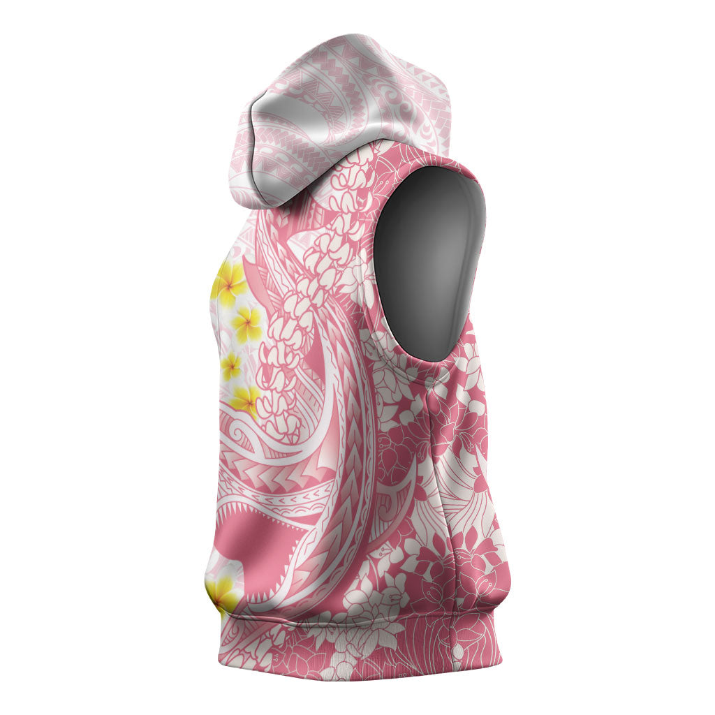 Pink Hawaii Shark Tattoo Sleeveless Hoodie Puakenikeni Lei Plumeria Polynesian Pattern