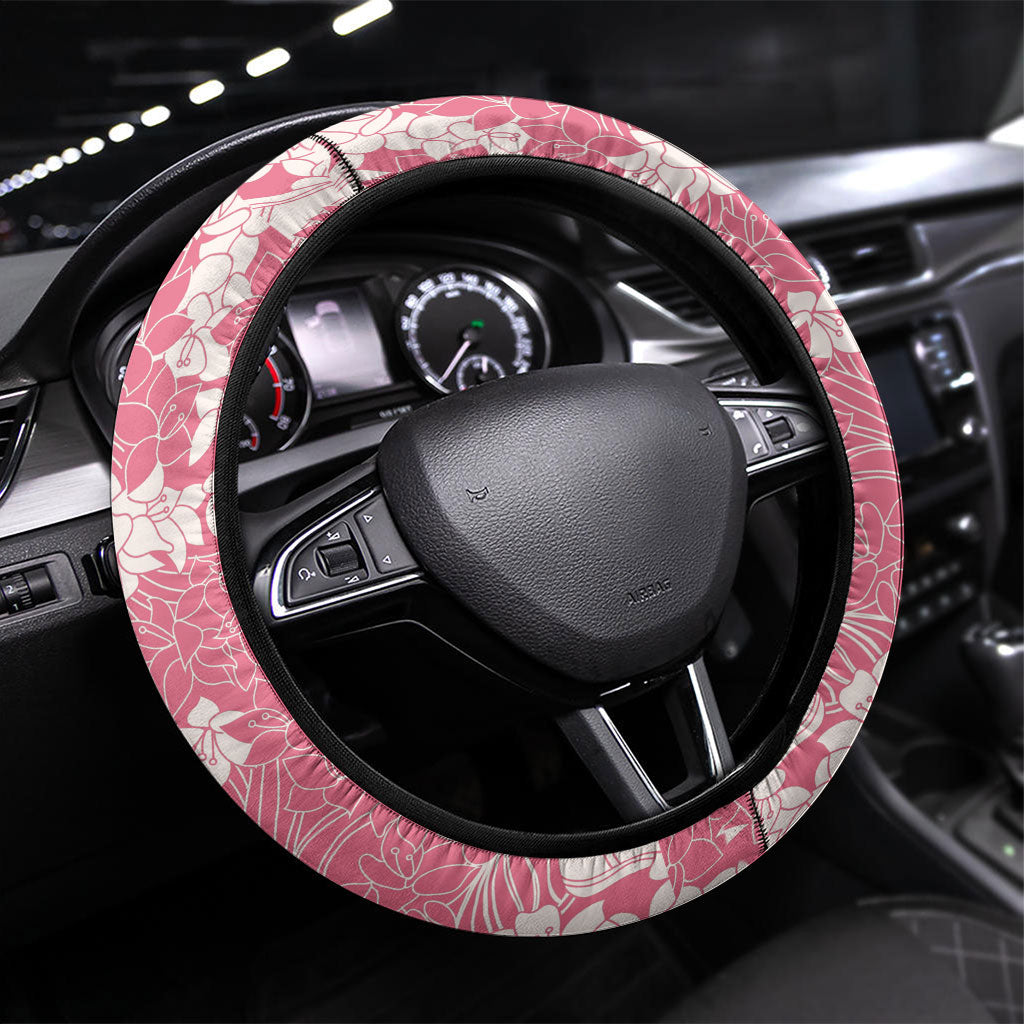 Pink Hawaii Shark Tattoo Steering Wheel Cover Puakenikeni Lei Plumeria Polynesian Pattern